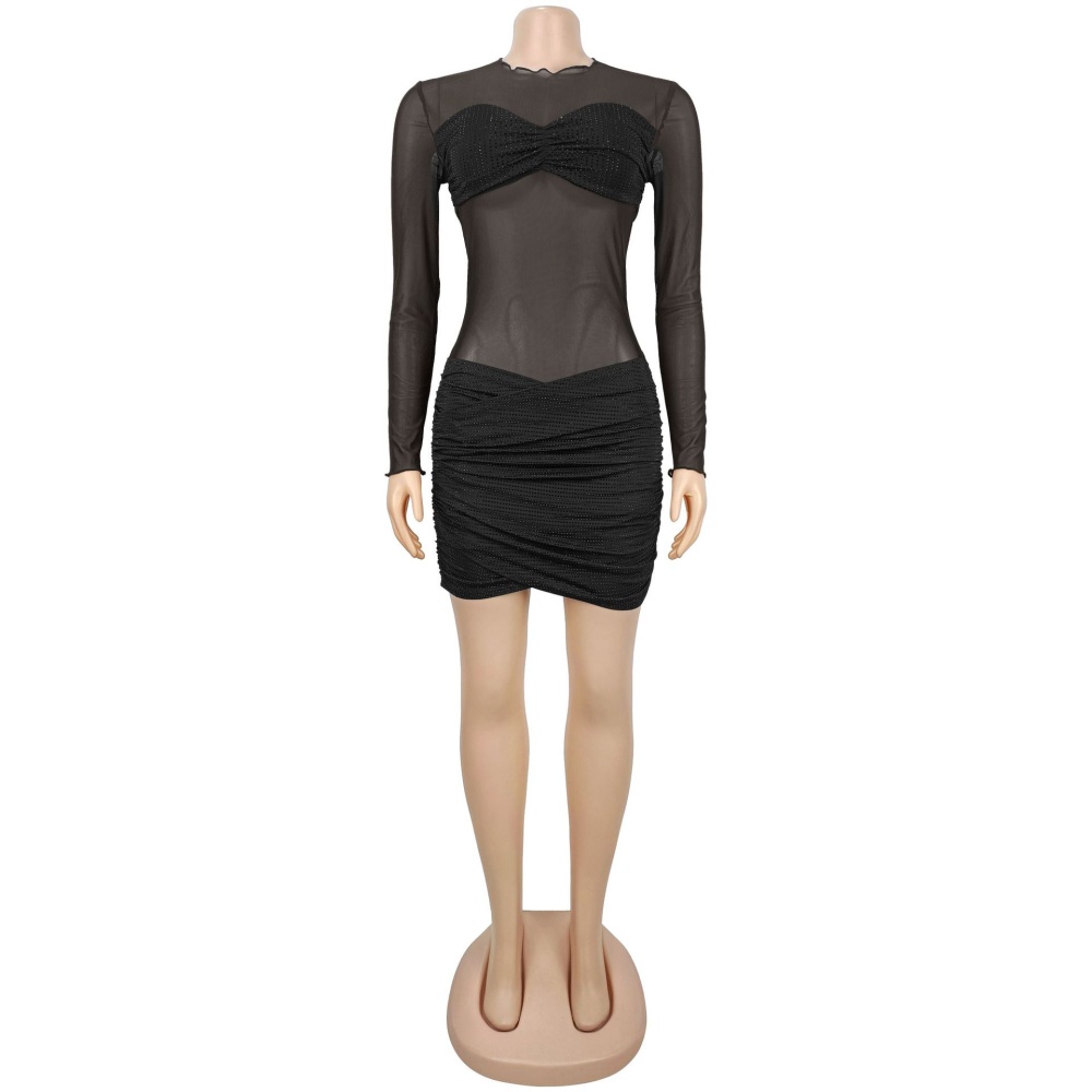 Gauze perspective dress fashion rhinestone T-back for women