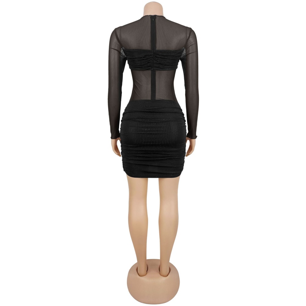 Gauze perspective dress fashion rhinestone T-back for women