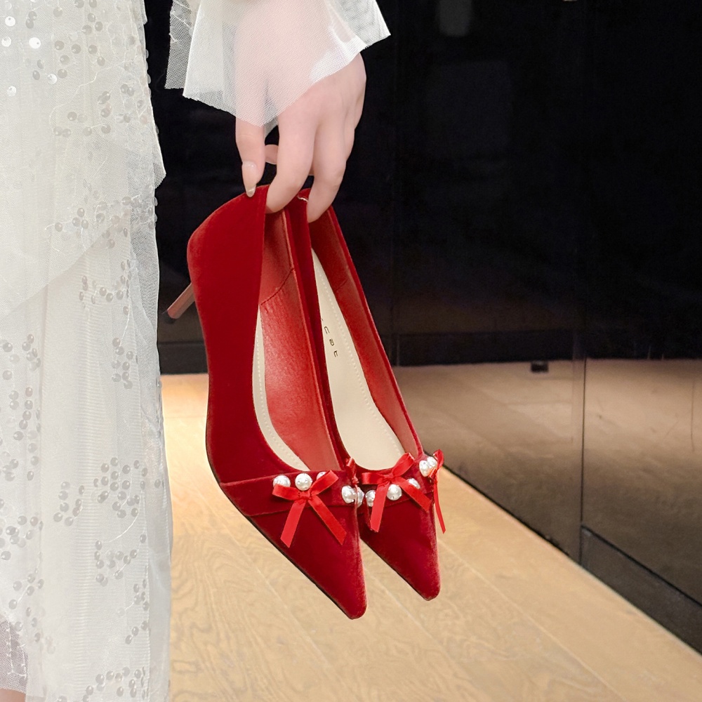 Pointed bride red wedding dress high-heeled bow shoes for women