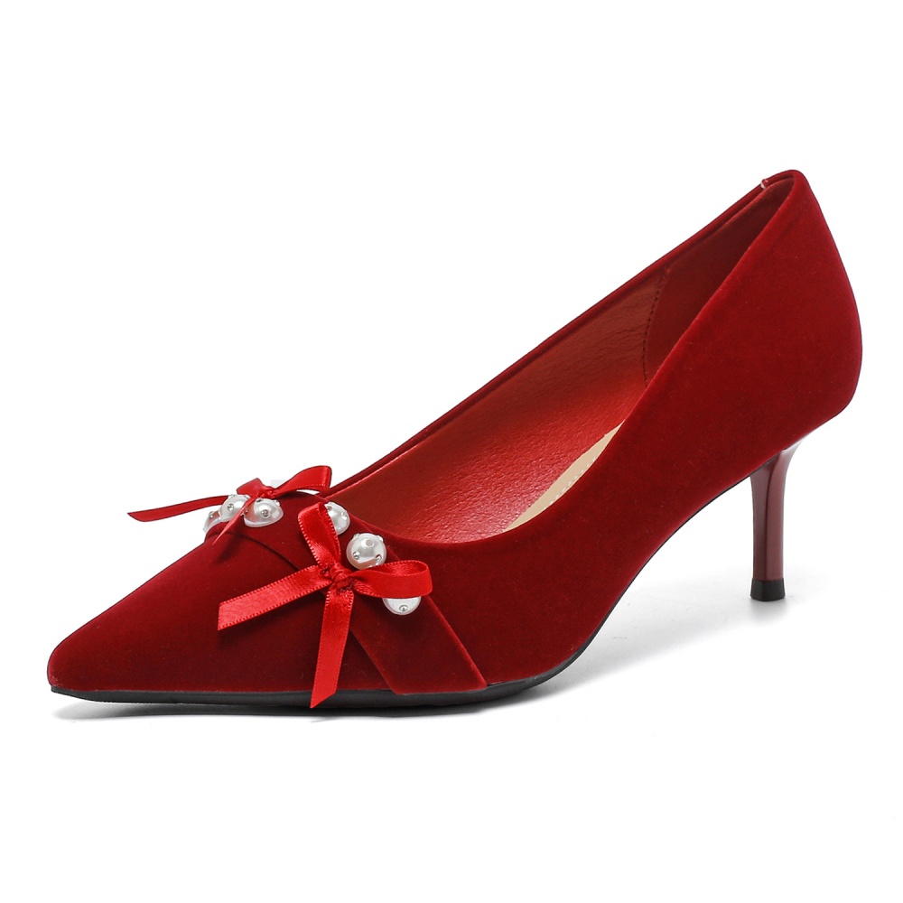 Pointed bride red wedding dress high-heeled bow shoes for women