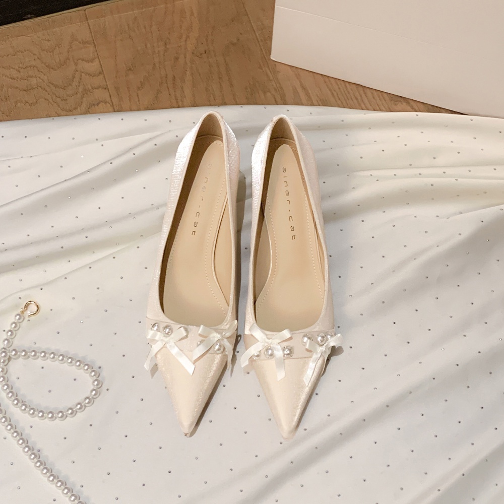 Pointed bride red wedding dress high-heeled bow shoes for women