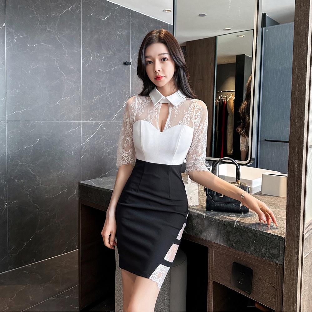 Low-cut package hip sweater dress overalls splice dress