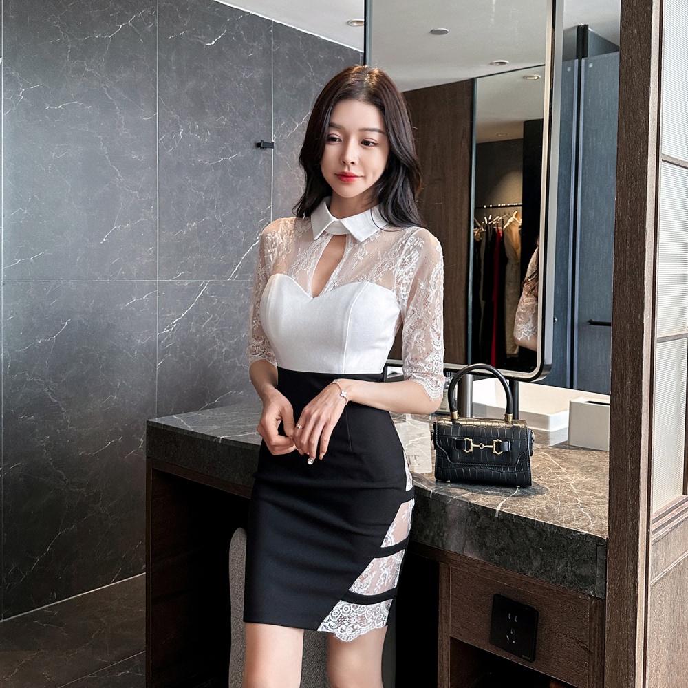 Low-cut package hip sweater dress overalls splice dress