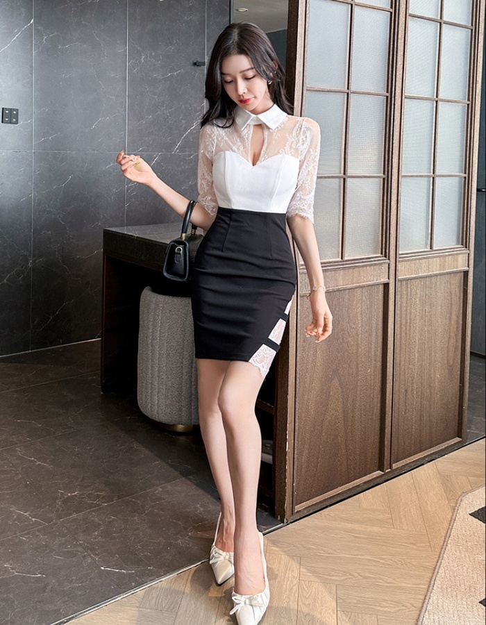 Low-cut package hip sweater dress overalls splice dress