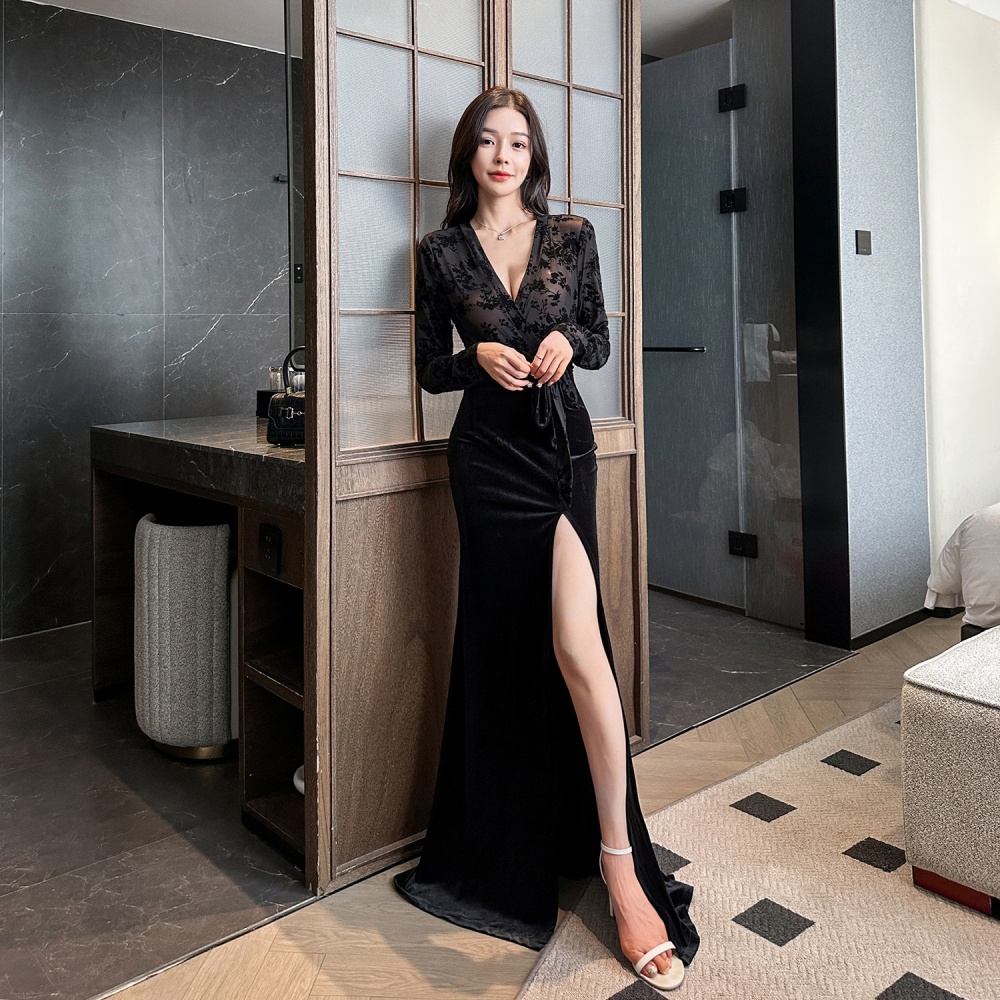 Gauze niche dress perspective split evening dress