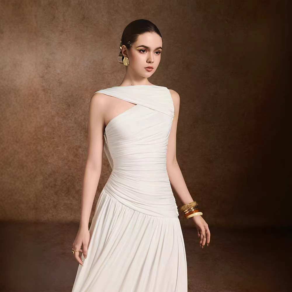 Elegant temperament fold dress slim niche long dress