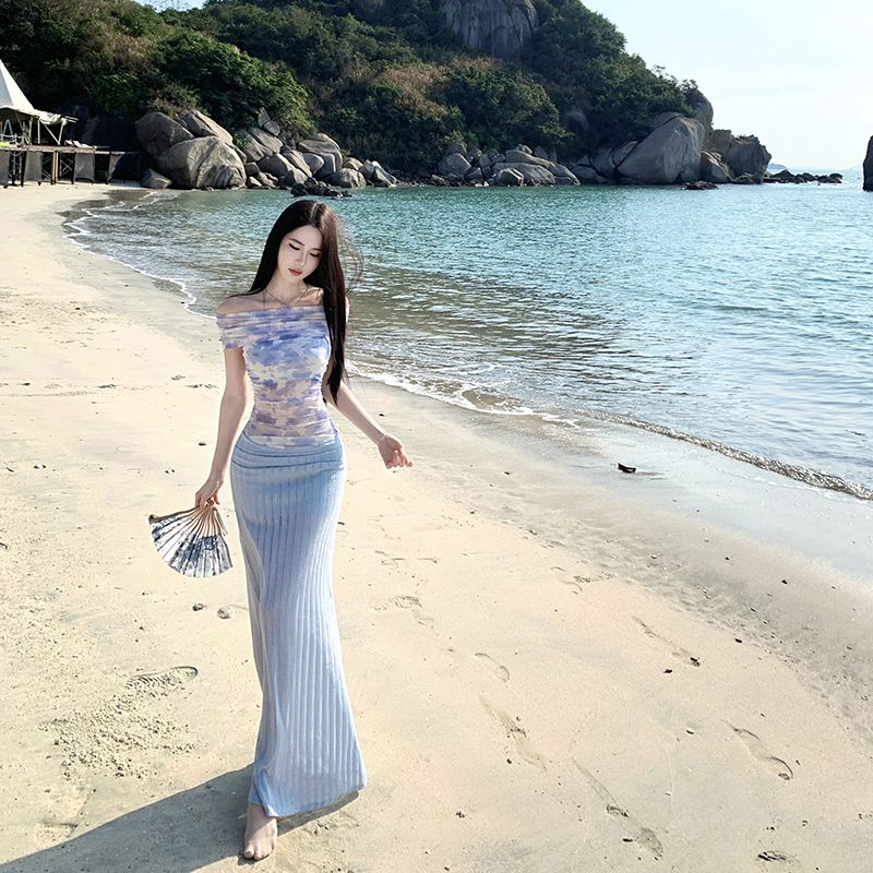 Summer vacation strapless dress splice gauze long dress