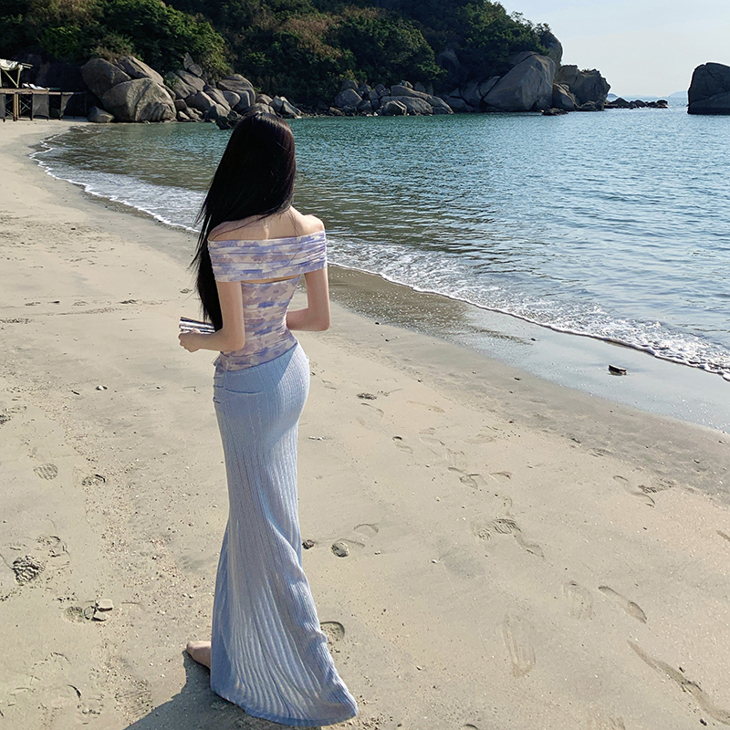 Summer vacation strapless dress splice gauze long dress