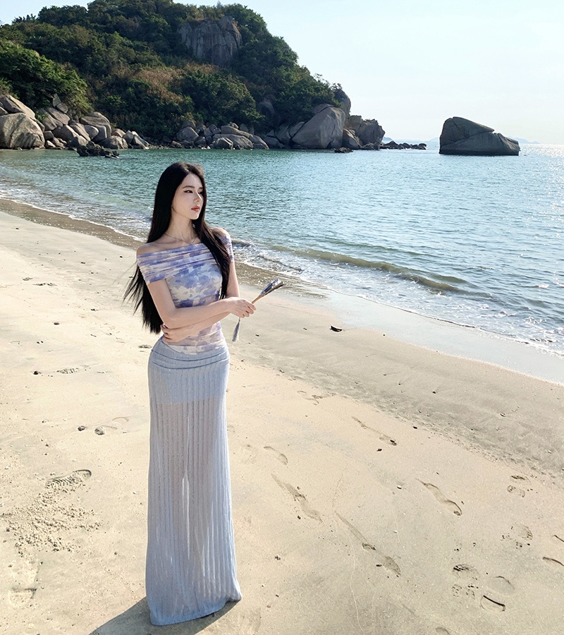 Summer vacation strapless dress splice gauze long dress