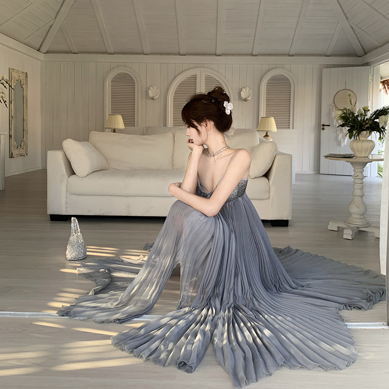 V-neck seaside long dress gray dress for women