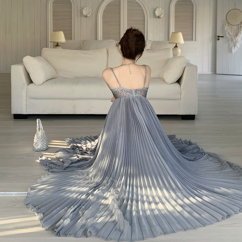 V-neck seaside long dress gray dress for women