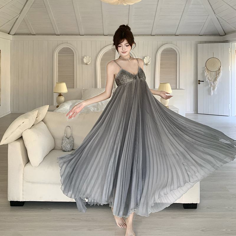 V-neck seaside long dress gray dress for women