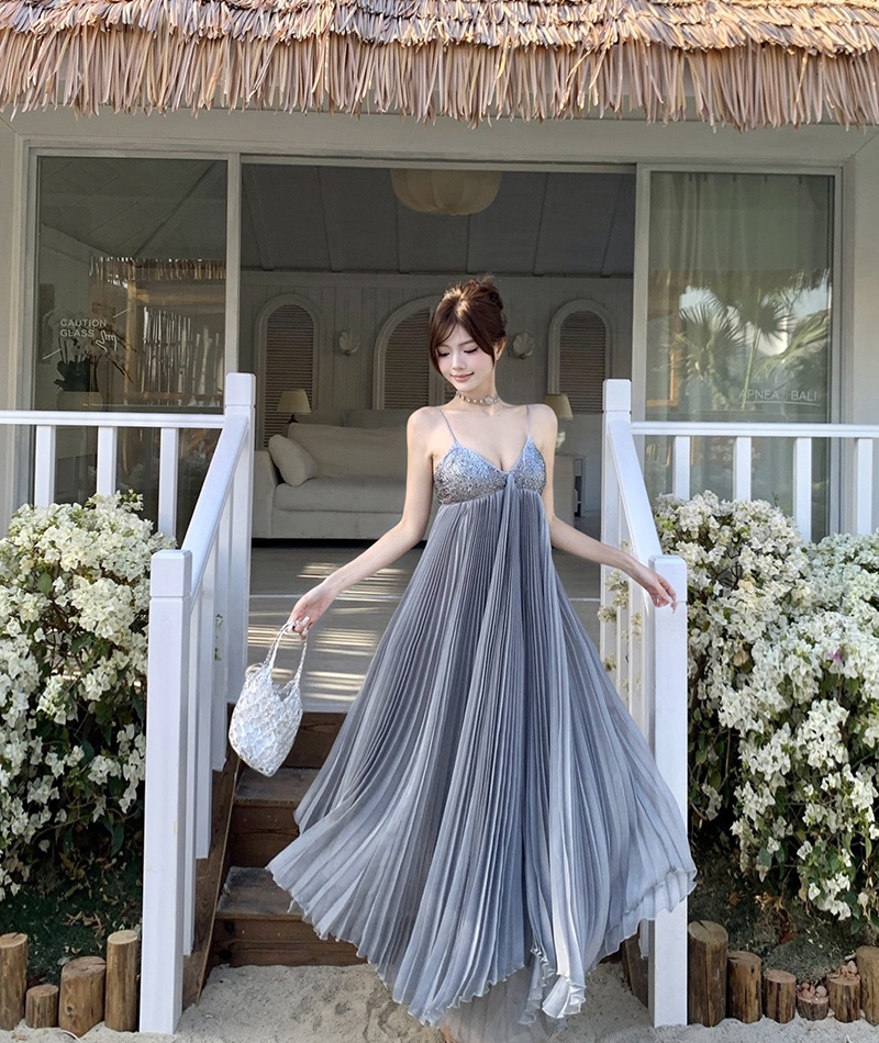 V-neck seaside long dress gray dress for women