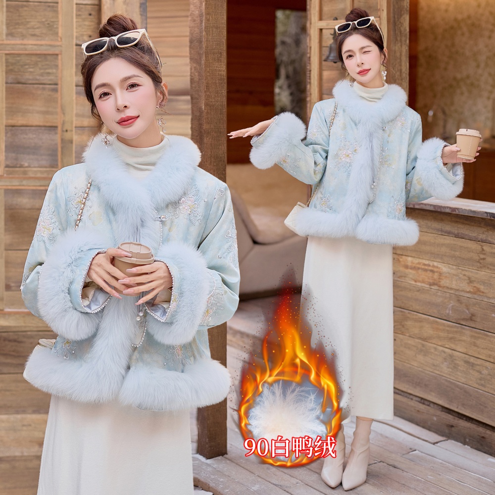 Sequins embroidery fox fur winter Chinese style down coat