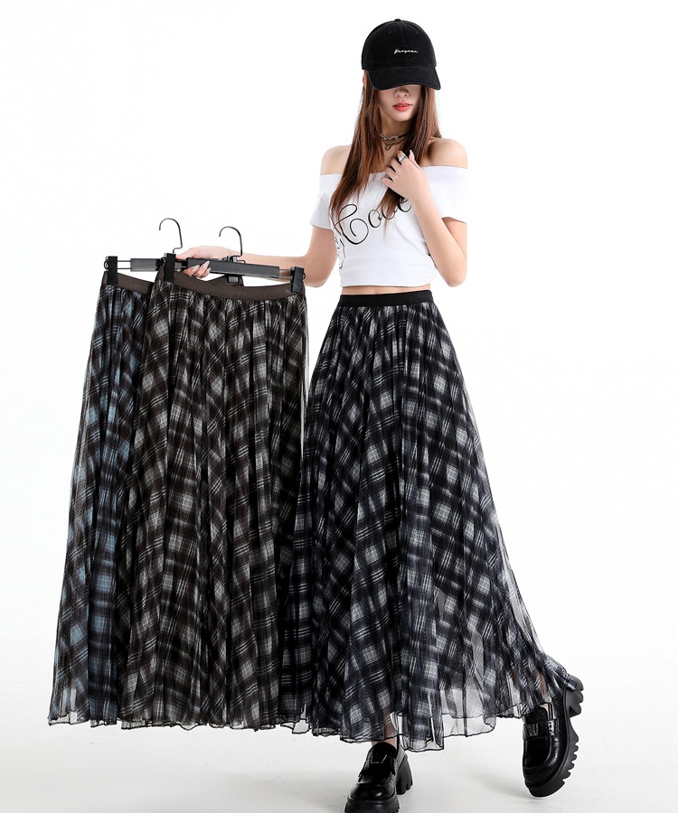 Spring long big skirt high waist plaid slim skirt for women