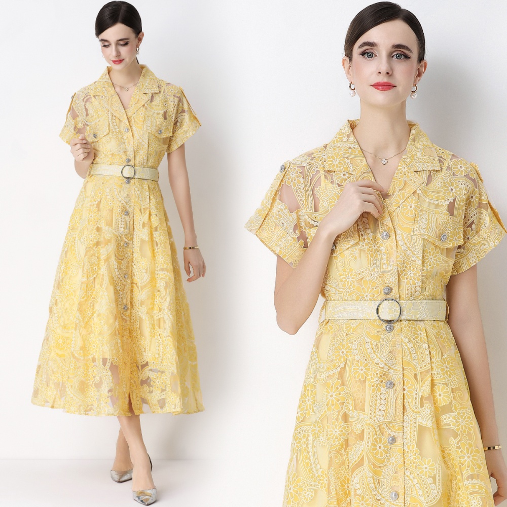 With belt sling single-breasted France style dress