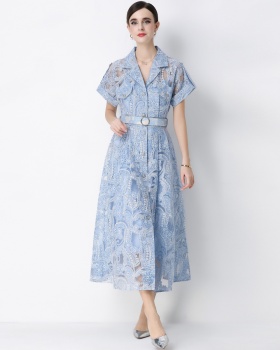 With belt embroidery single-breasted short sleeve dress