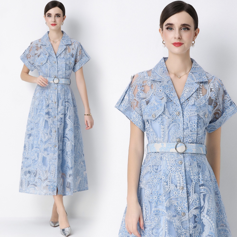 With belt embroidery single-breasted short sleeve dress