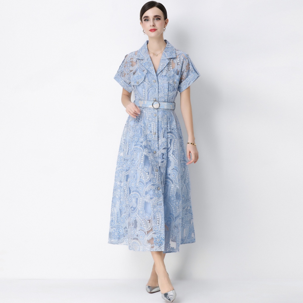 With belt embroidery single-breasted short sleeve dress