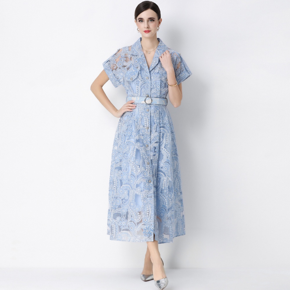 With belt embroidery single-breasted short sleeve dress