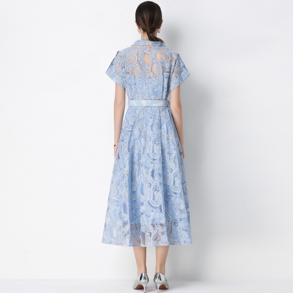 With belt embroidery single-breasted short sleeve dress