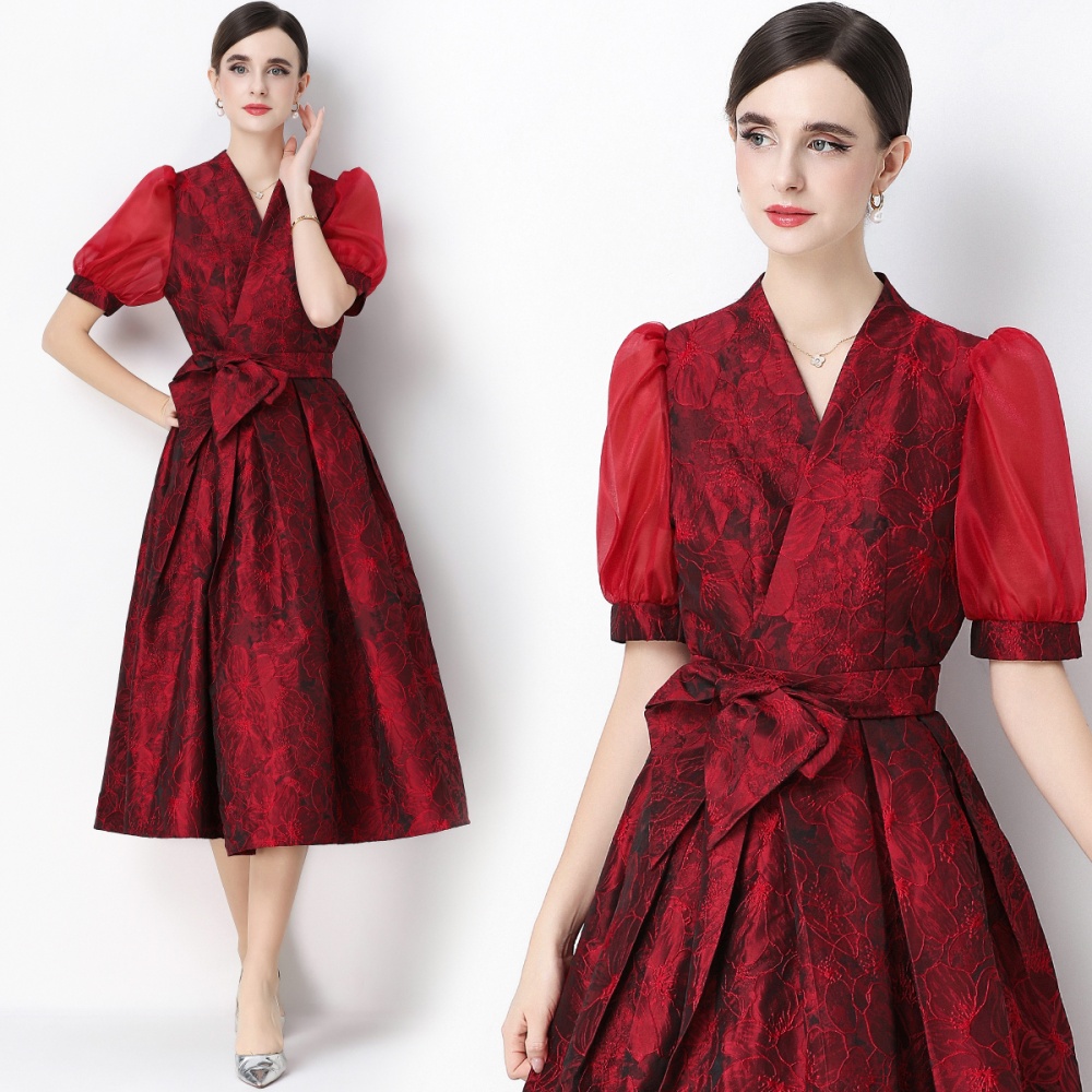 Breasted dress pinched waist long dress for women