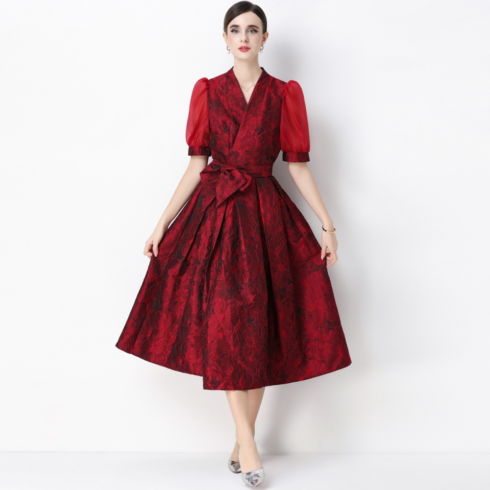 Breasted dress pinched waist long dress for women