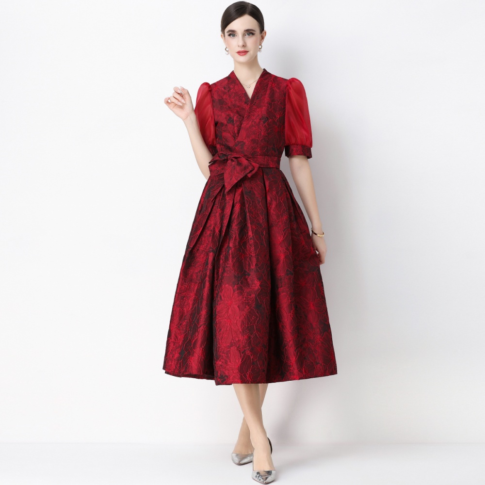 Breasted dress pinched waist long dress for women