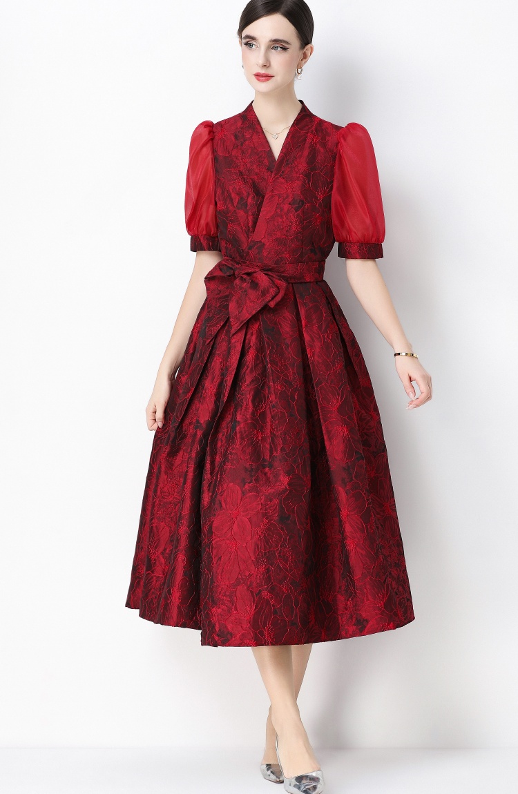 Breasted dress pinched waist long dress for women