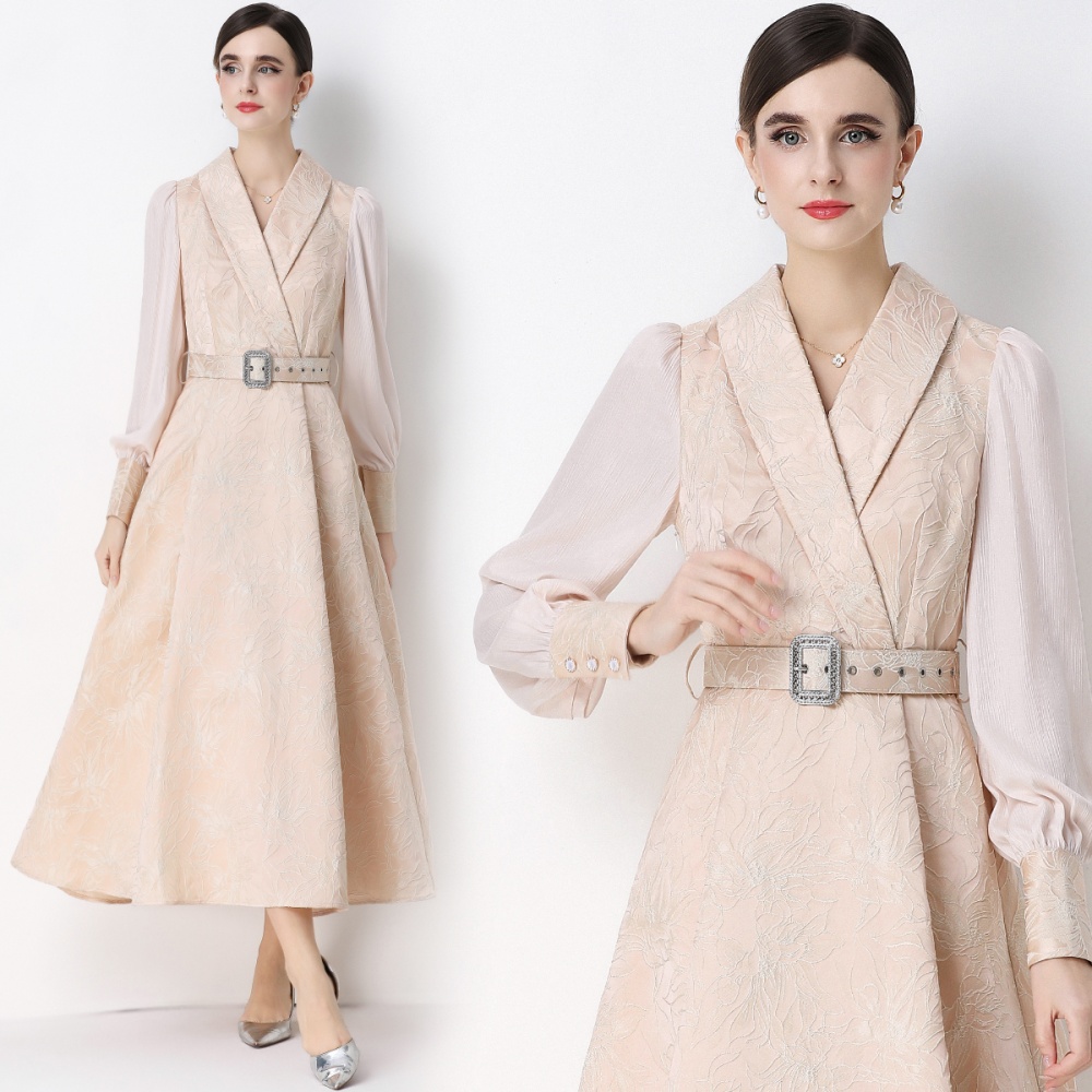 Jacquard lantern sleeve business suit elegant long dress