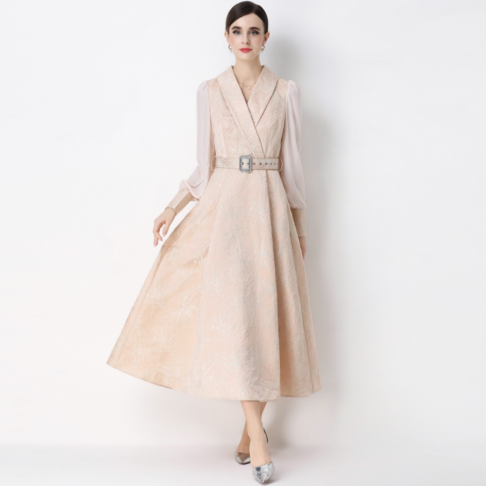 Jacquard lantern sleeve business suit elegant long dress