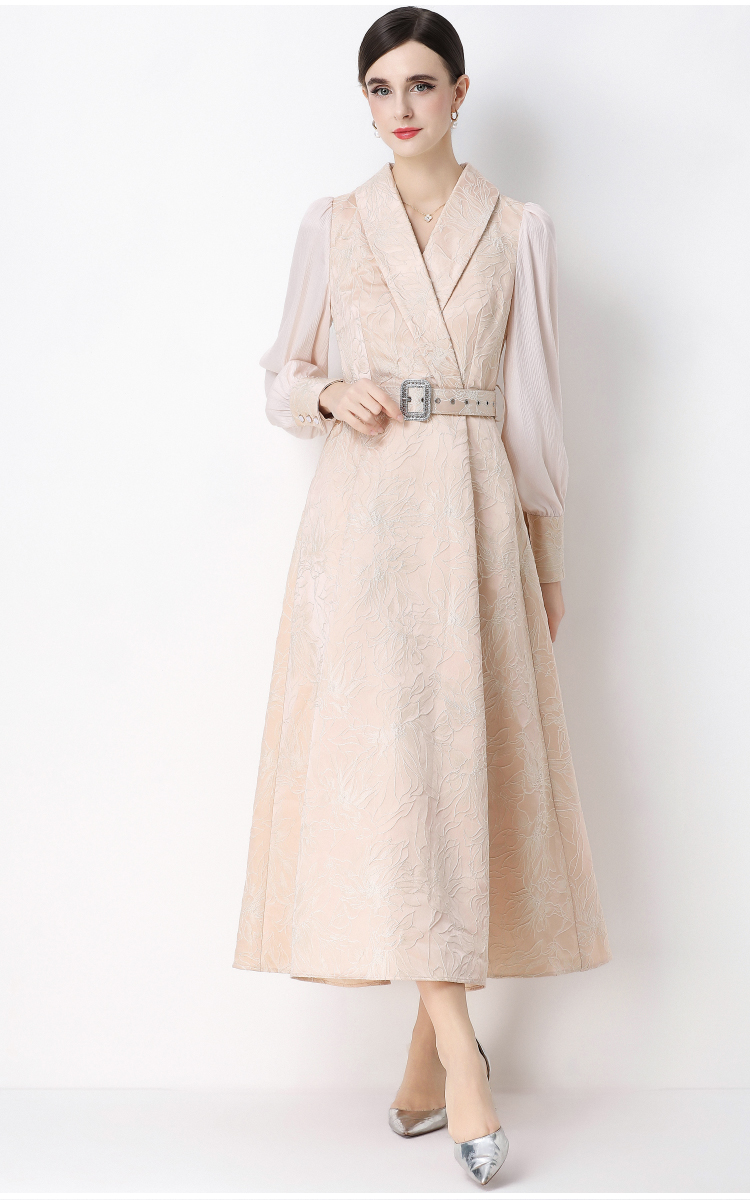 Jacquard lantern sleeve business suit elegant long dress