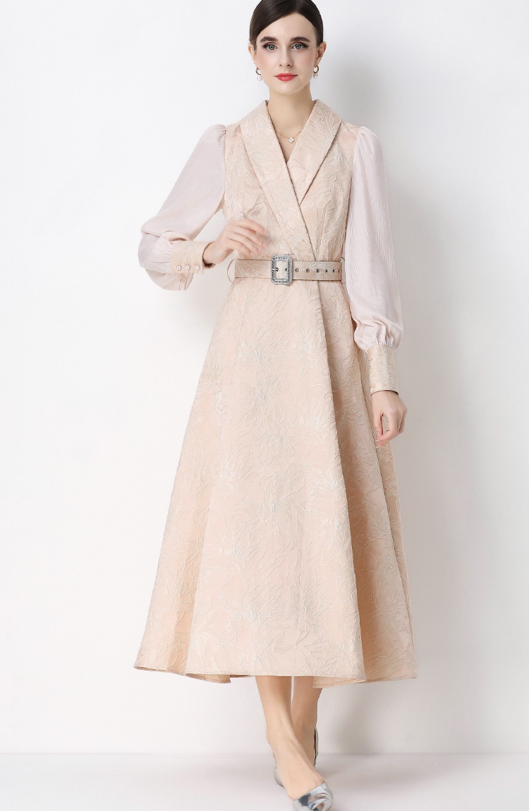 Jacquard lantern sleeve business suit elegant long dress