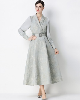 Lantern sleeve long dress jacquard business suit
