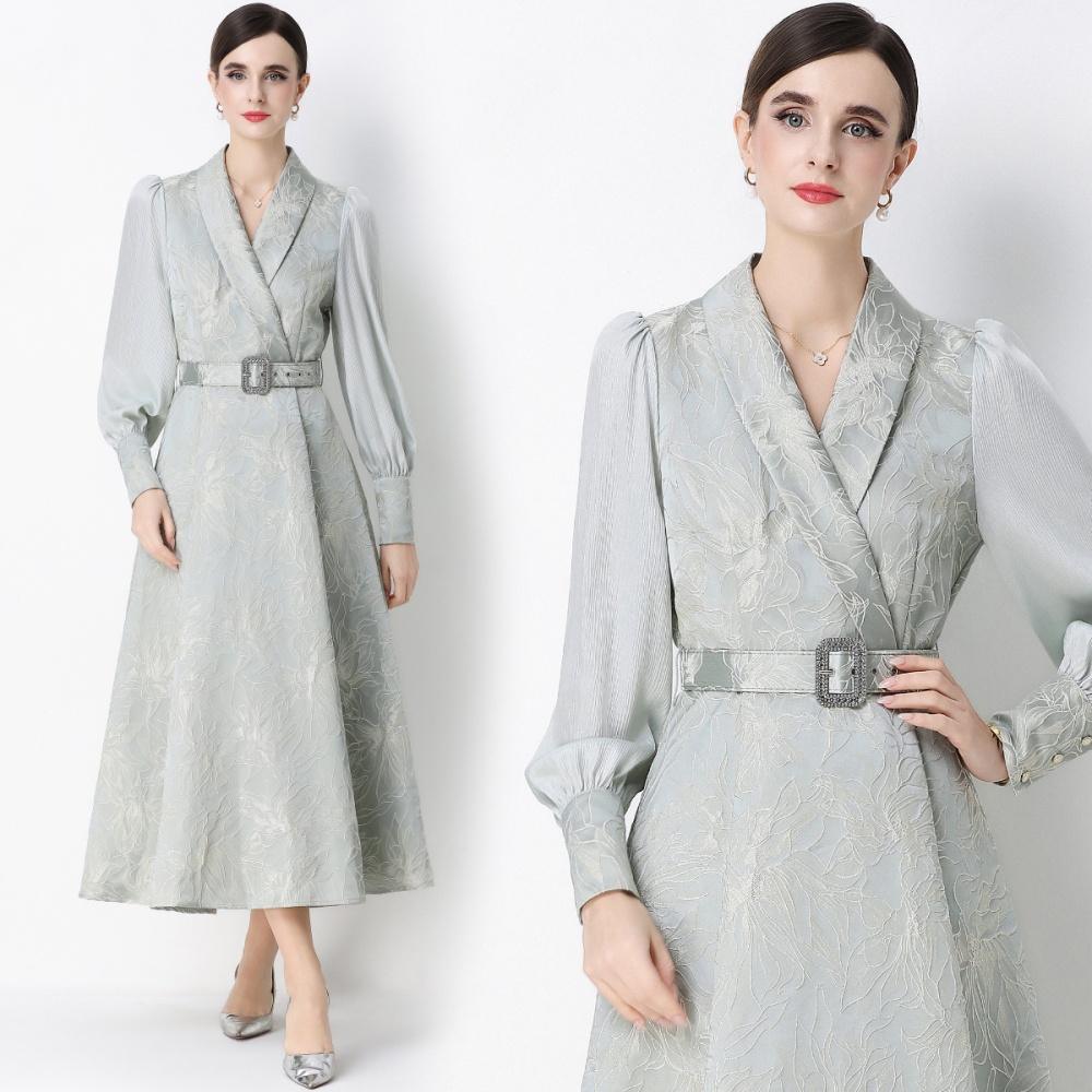 Lantern sleeve long dress jacquard business suit