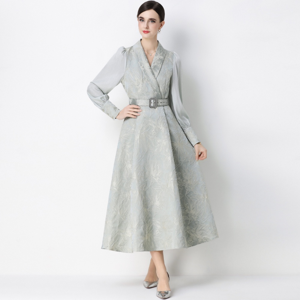 Lantern sleeve long dress jacquard business suit