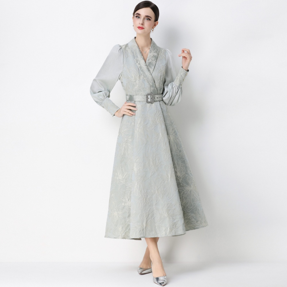 Lantern sleeve long dress jacquard business suit