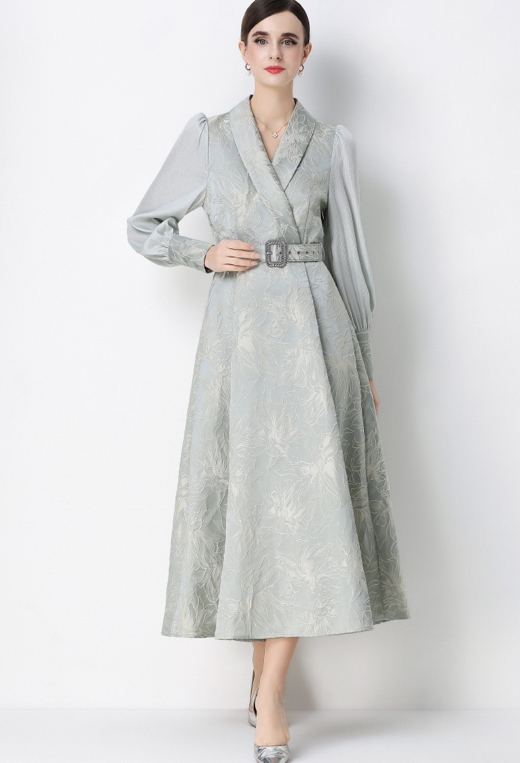 Lantern sleeve long dress jacquard business suit