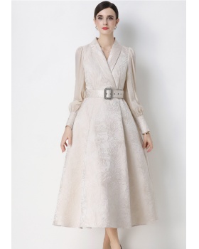Elegant large collar hem business suit jacquard dress