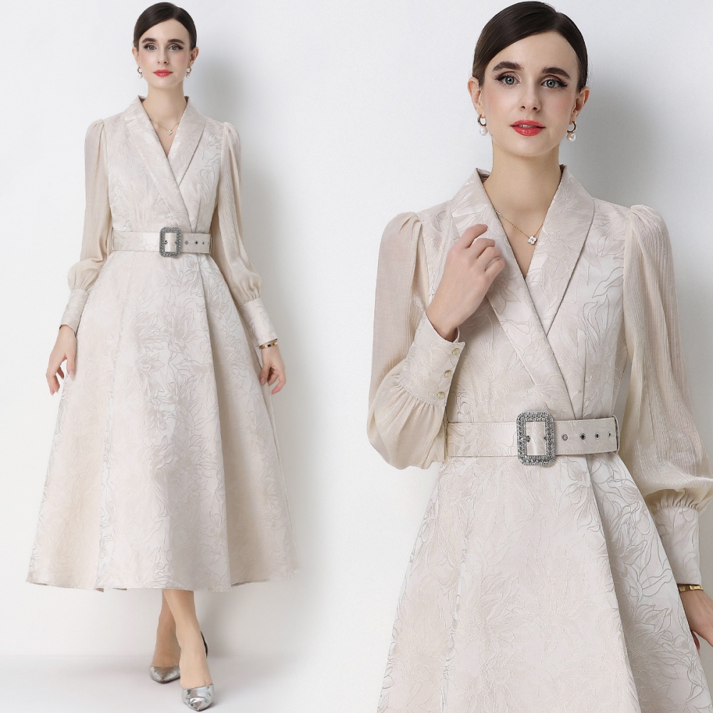 Elegant large collar hem business suit jacquard dress