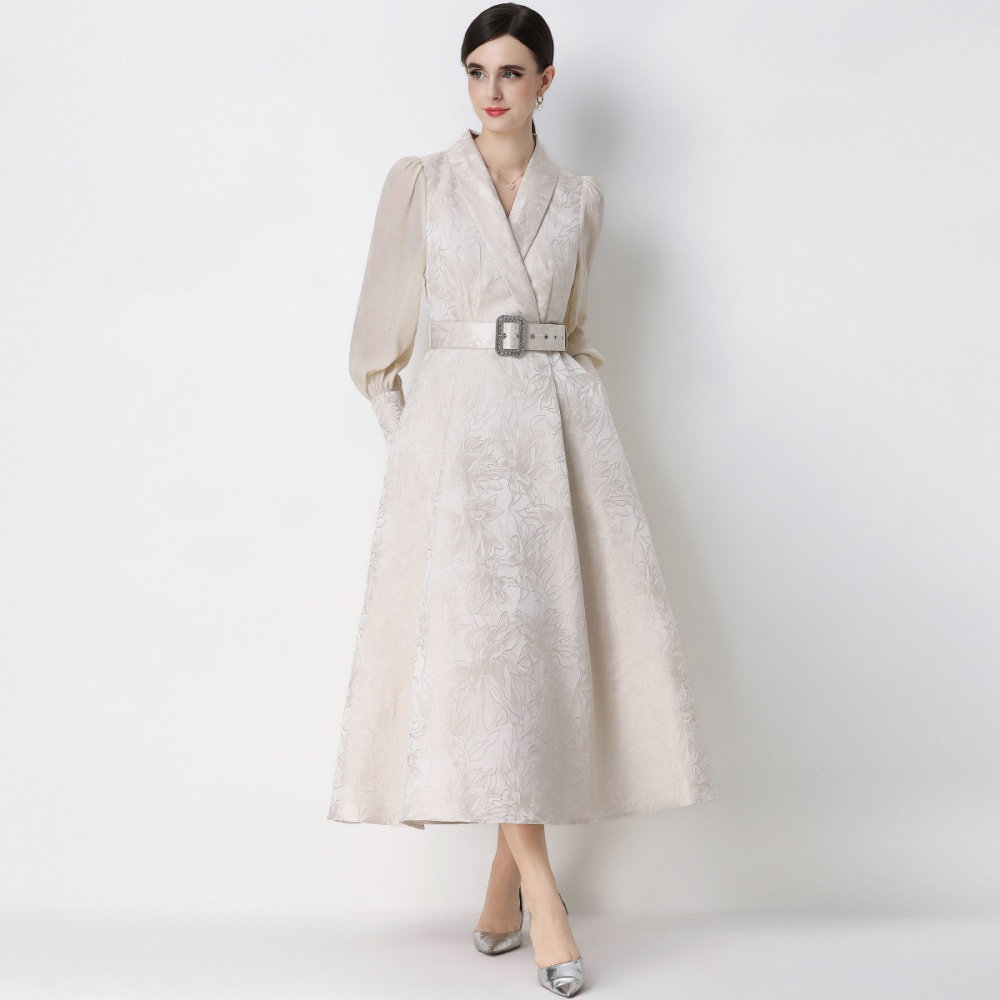 Elegant large collar hem business suit jacquard dress