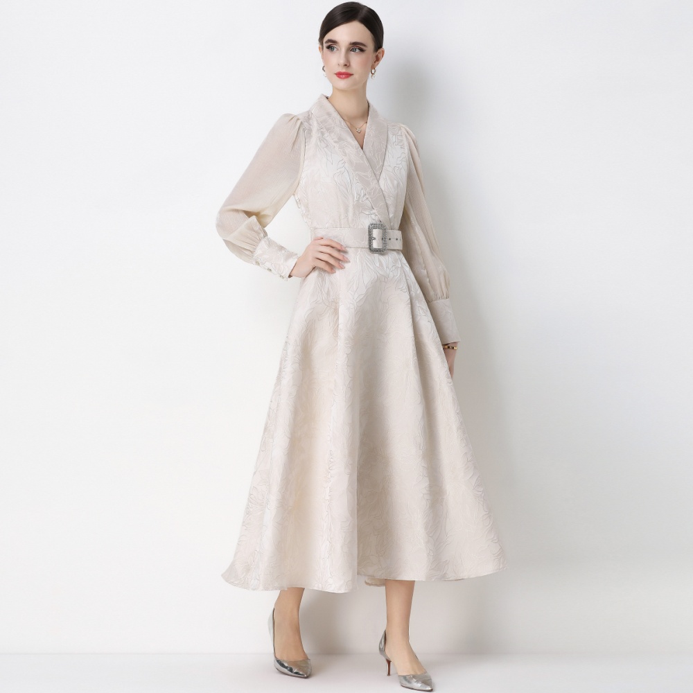 Elegant large collar hem business suit jacquard dress