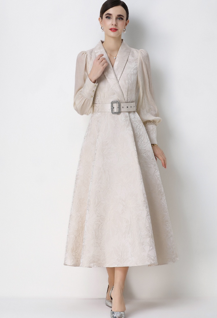 Elegant large collar hem business suit jacquard dress
