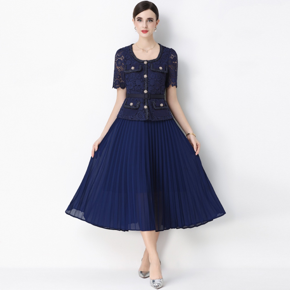 Light luxury Pseudo-two slim ladies lace splice dress