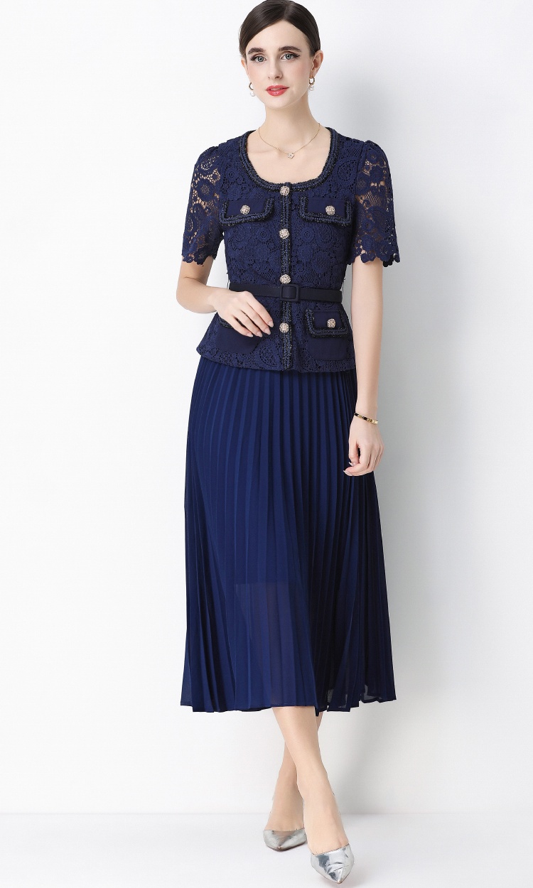 Light luxury Pseudo-two slim ladies lace splice dress