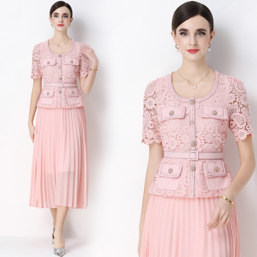 Pleated ladies light luxury long lace dress