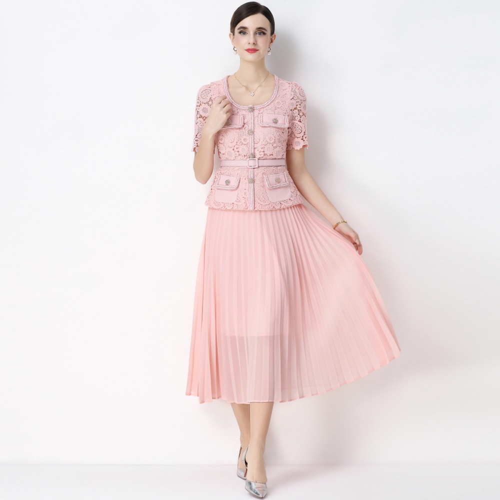 Pleated ladies light luxury long lace dress