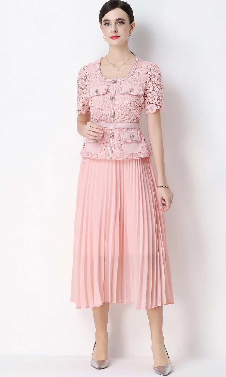 Pleated ladies light luxury long lace dress