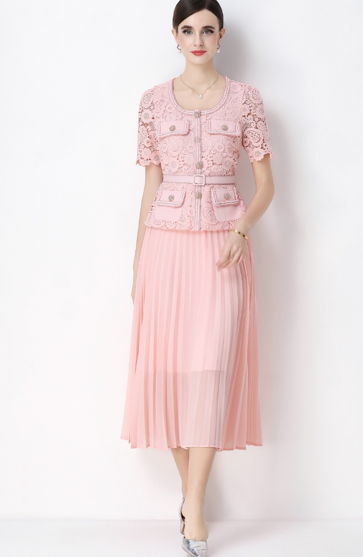 Pleated ladies light luxury long lace dress