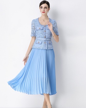 France style slim pleated Pseudo-two ladies splice dress